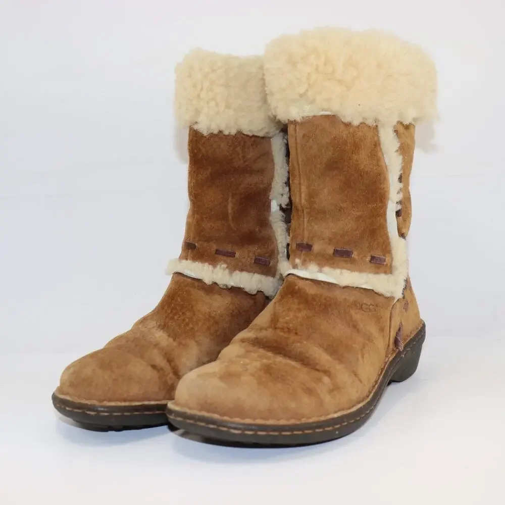 UGG‎ Australia Chestnut Shearling Mid-Calf Boots Suede Lace Trim Women’s 6